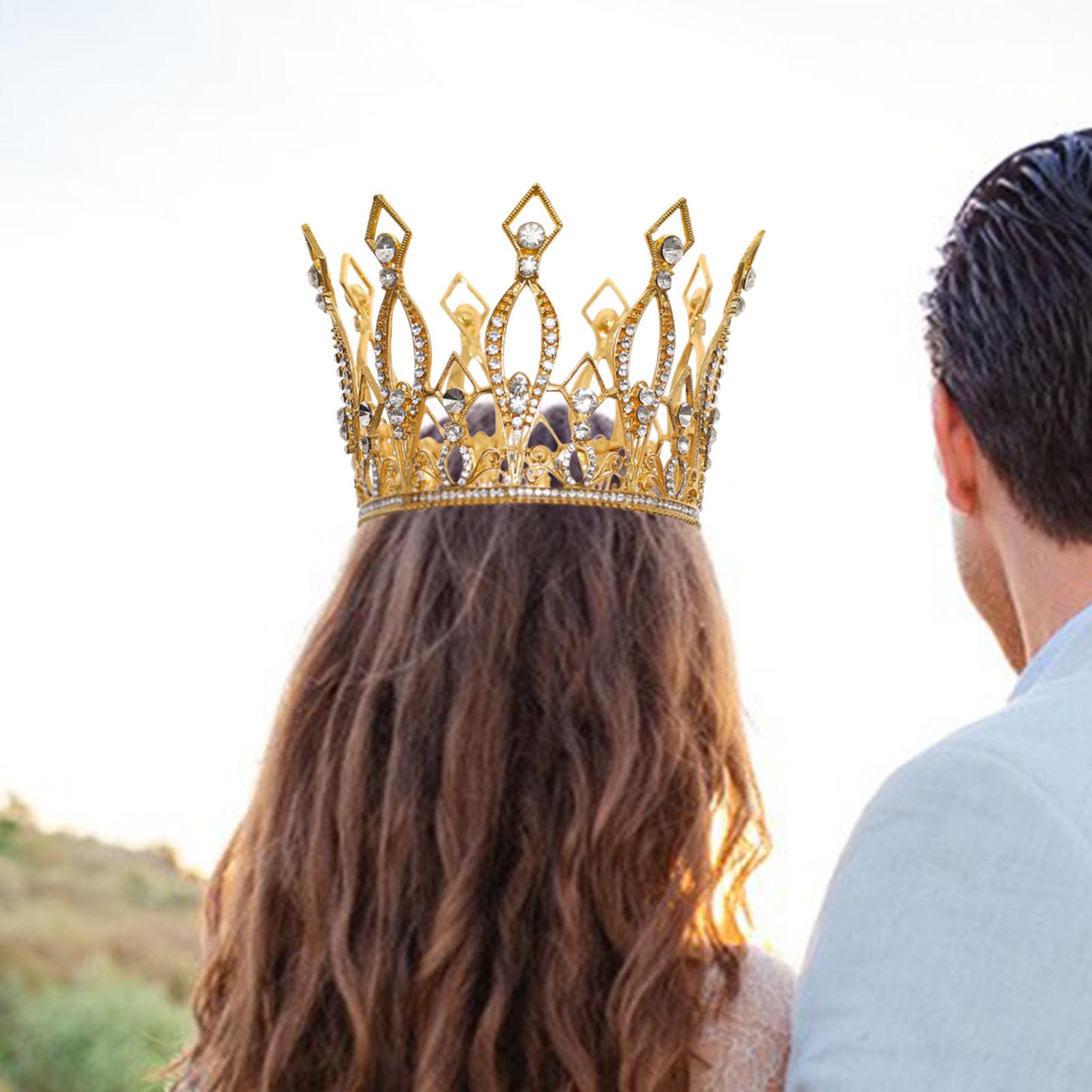 Full Round Crystal Queen Crowns Headband for Party Bridesmaids Costume Gold