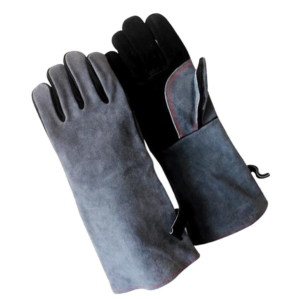 Pro Welding Gauntlets Protective Gloves Heat Resistant Leather Black Grey