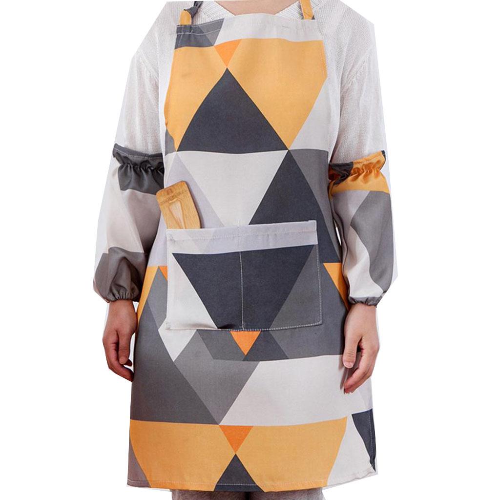 Unisex Kitchen Apron Geometric Gown Baking Smock with Pocket & Sleeve Yellow