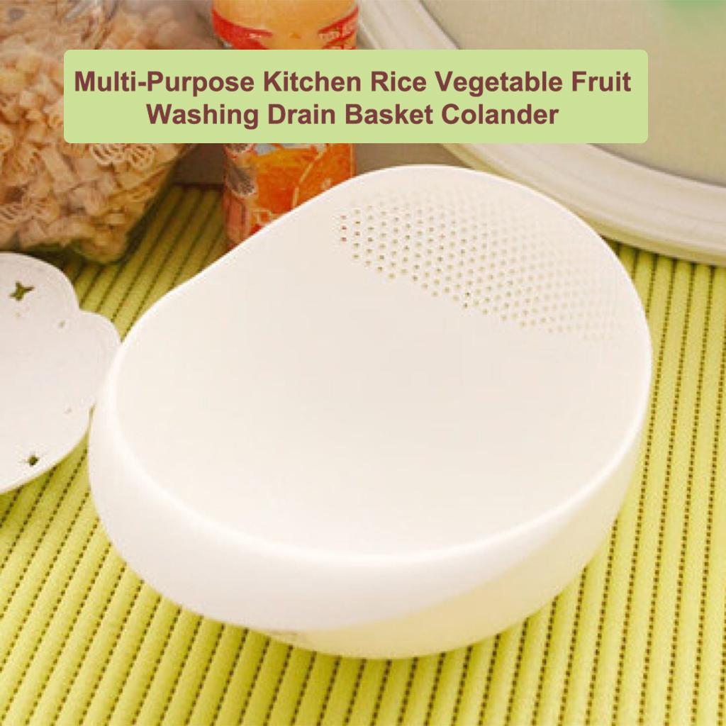 Rice Washing Bowl Strainer Vegetable Drainer Fruit Colander Washer L-White