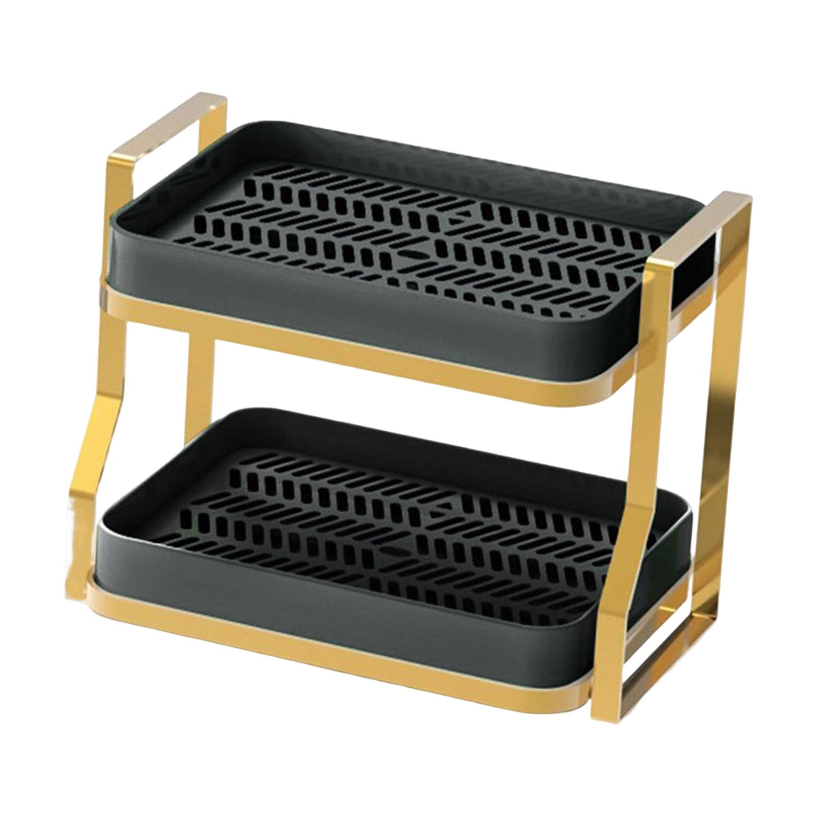 Double Layer Kitchen Countertop Organizer Shelf with Drain Tray Black 