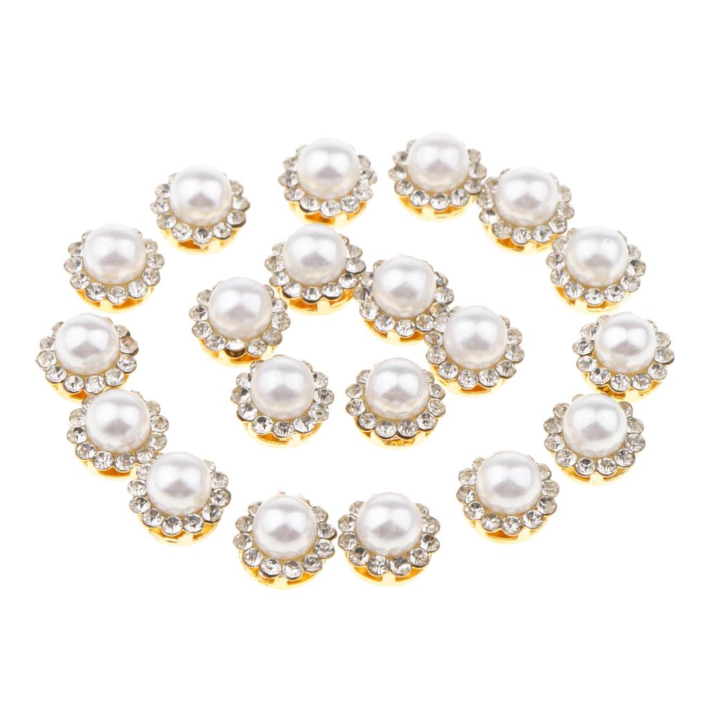 20 Pieces Faux Pearl Buttons Rhinestone Embellishments Flatback for DIY 10mm