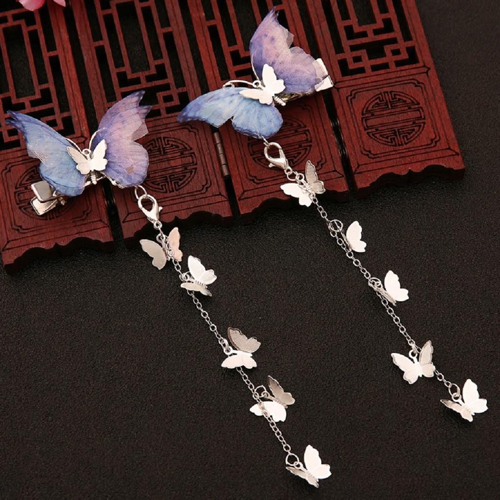 1Pair Chinese Style Chiffon Butterfly Long Tassel Hair Clip Hair Accessories