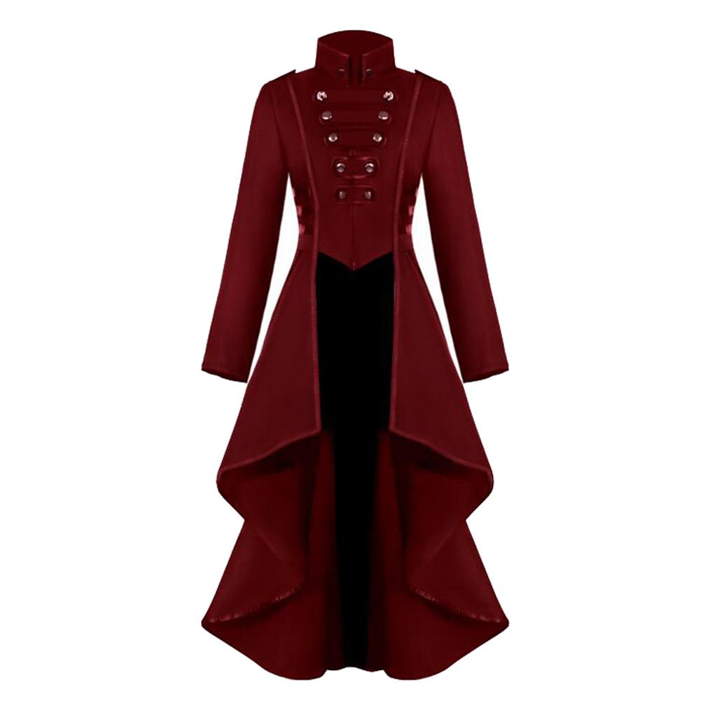 Womens Steampunk Gothic Long Coat Tail Jacket Cosplay Costume Suit Red XXL