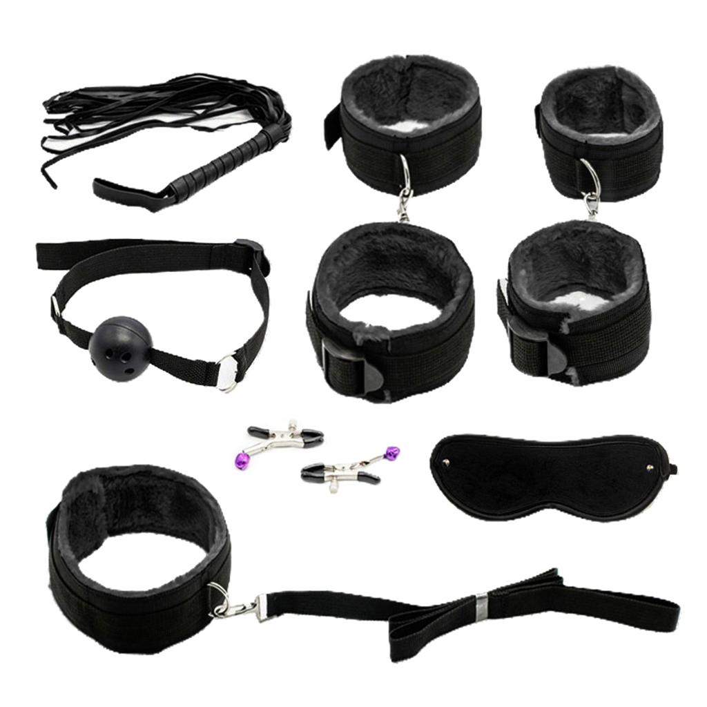 Couples Under Bed Restraint Strap with Fur Hand&Anklecuffs & Ball Gag Black