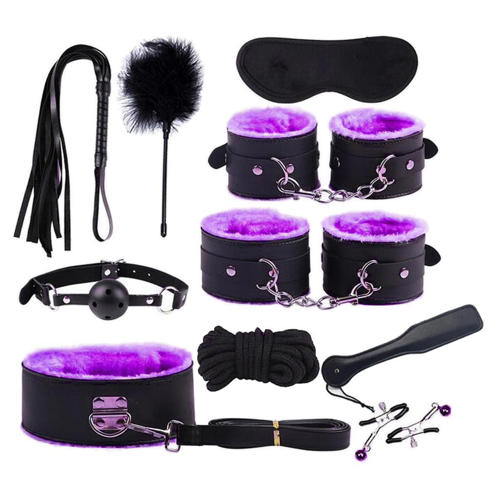 10pcs Couples Adult Toys Plush Handcuffs Strap Whip Rope Bandage Set Purple