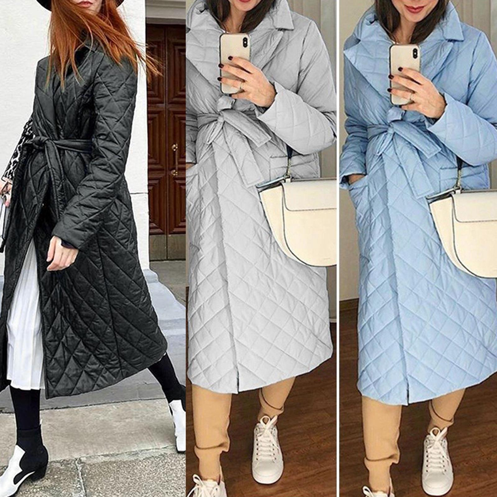 Winter Windproof Jacket Casual Sashes Women Parka Long Straight Coat Black S