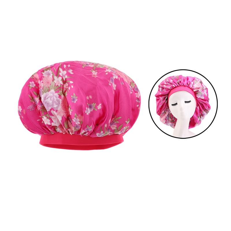 Satin Women Sleep Cap Night Wrap Elastic Sleeping Bonnet Rose Red