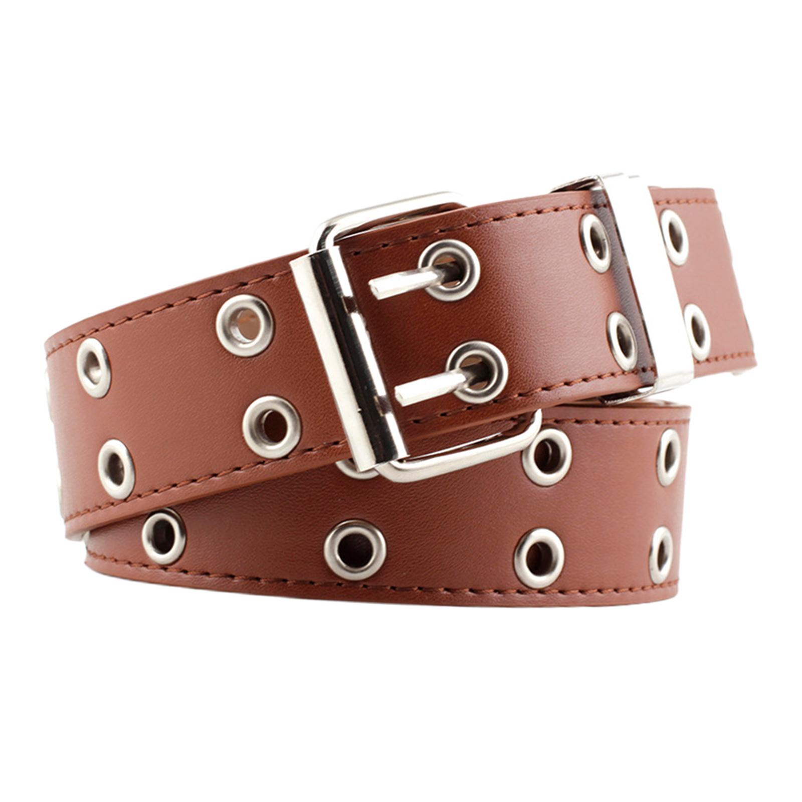 Women Punk Belt Double Grommet Leather Jeans Waist Strap Brown