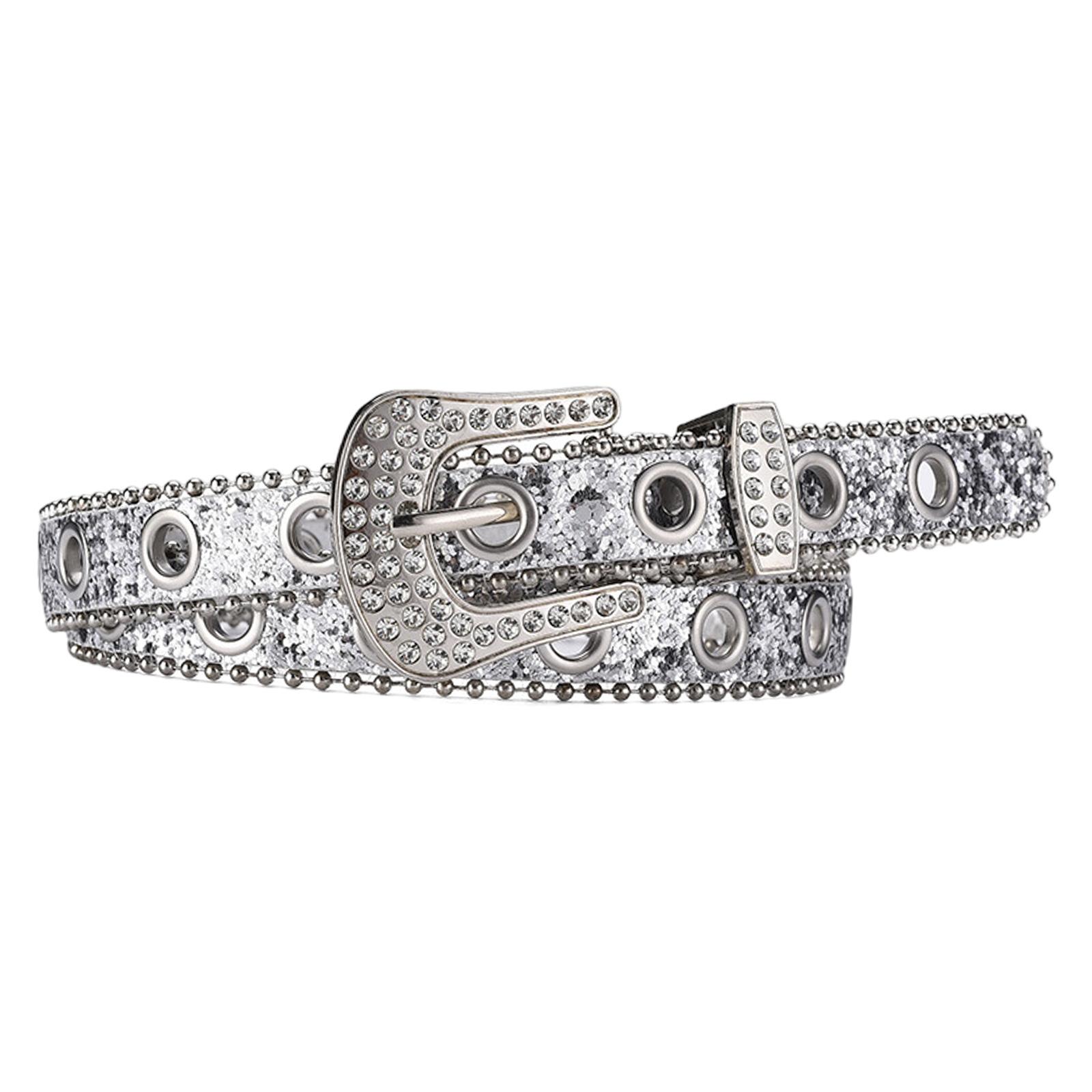 Rhinestone Belts Western Bling Studded PU Leather Belt Silver