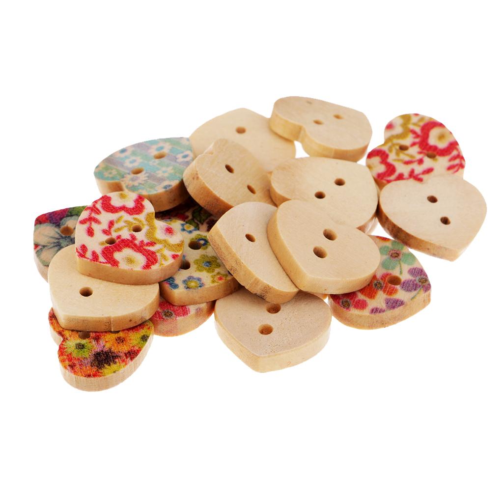 2x20pcs 2 Holes Heart Shaped Wood Sewing Buttons Flower Printed Buttons 