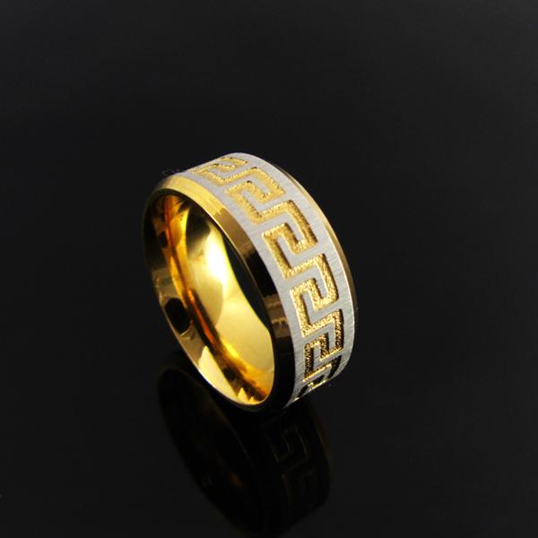 Engraved Meander Design Mens Stainless Steel Ring Golden Size 10