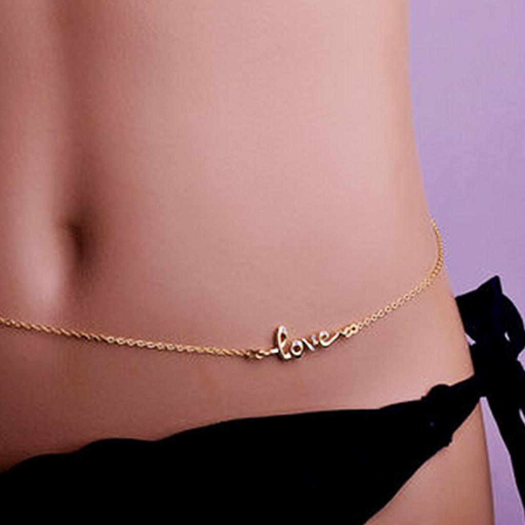 Gold LOVE Charm Bikini Belly Waist Lower Back Link Body Chain 