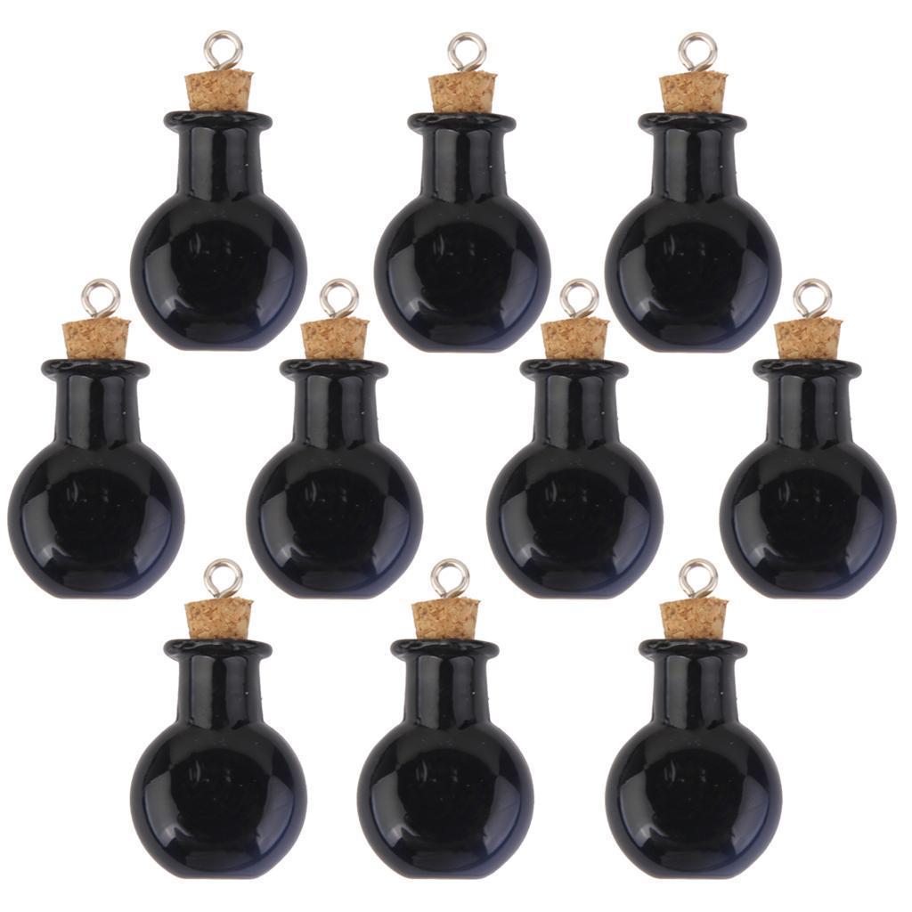 10 Glass Cork Bottle Round Flat Jars Vials Wish Bottle DIY Pendant Black