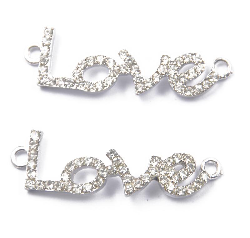 2 pcs Silver Rhinestone LOVE  Jewelry Making  Charms Connector