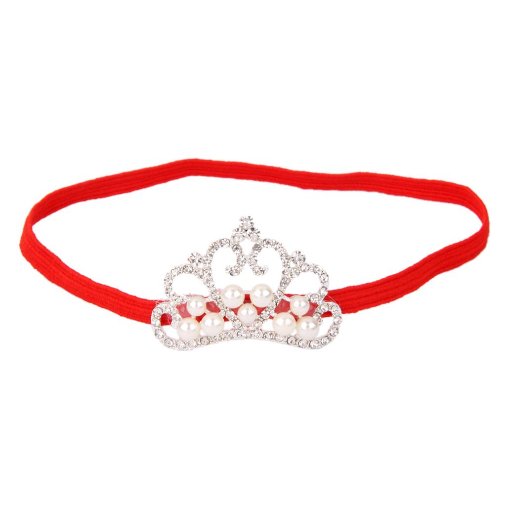 Rhinestone Faux Pearl Crown Baby Girls Headband Hair Band- Red