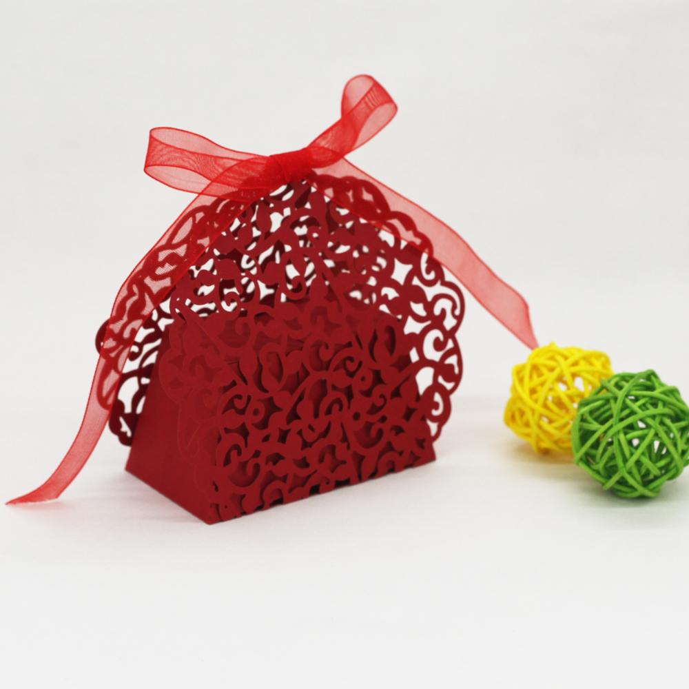 20PCS Floral Laser Cut Gift Candy Boxes w/ Ribbon Wedding Party Favor Red