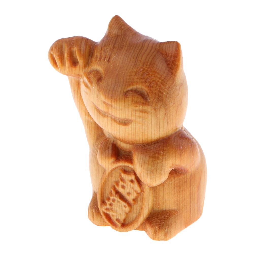 Wood Wooden Handcarved Craft Collectable Figurine Ornament Fortune Cat