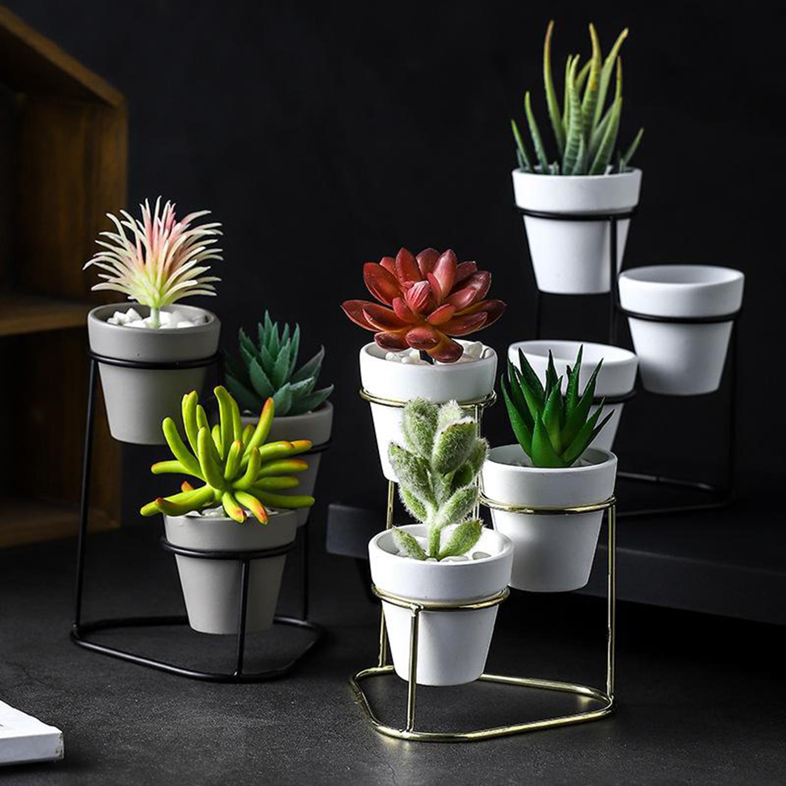 3 In1 Mini Ceramic Succulent Plant Pot Flower Planter w. Stand Set Gold A