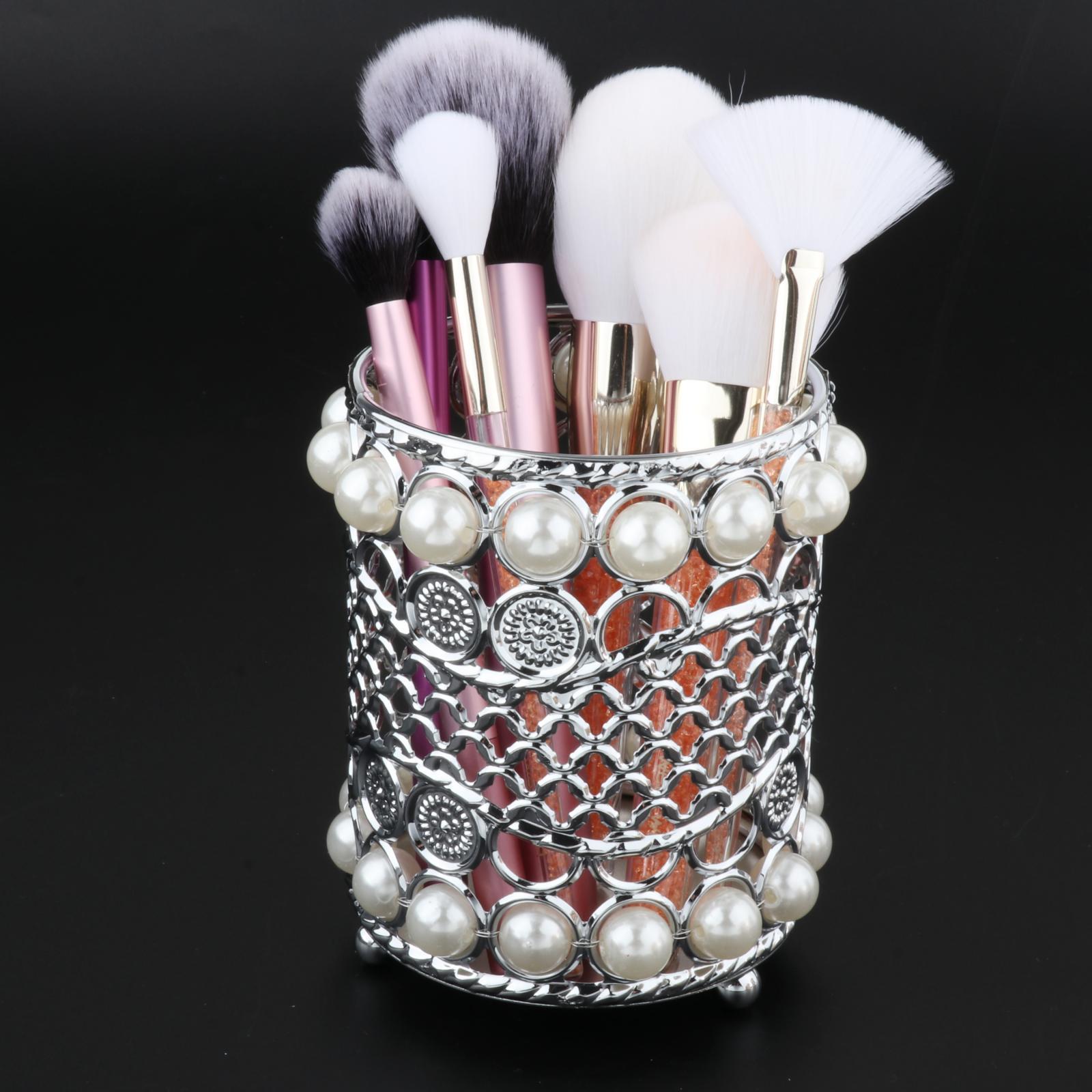 Crystal Makeup Brush Jewelry Storage Holder Pen Container Pearl Silver