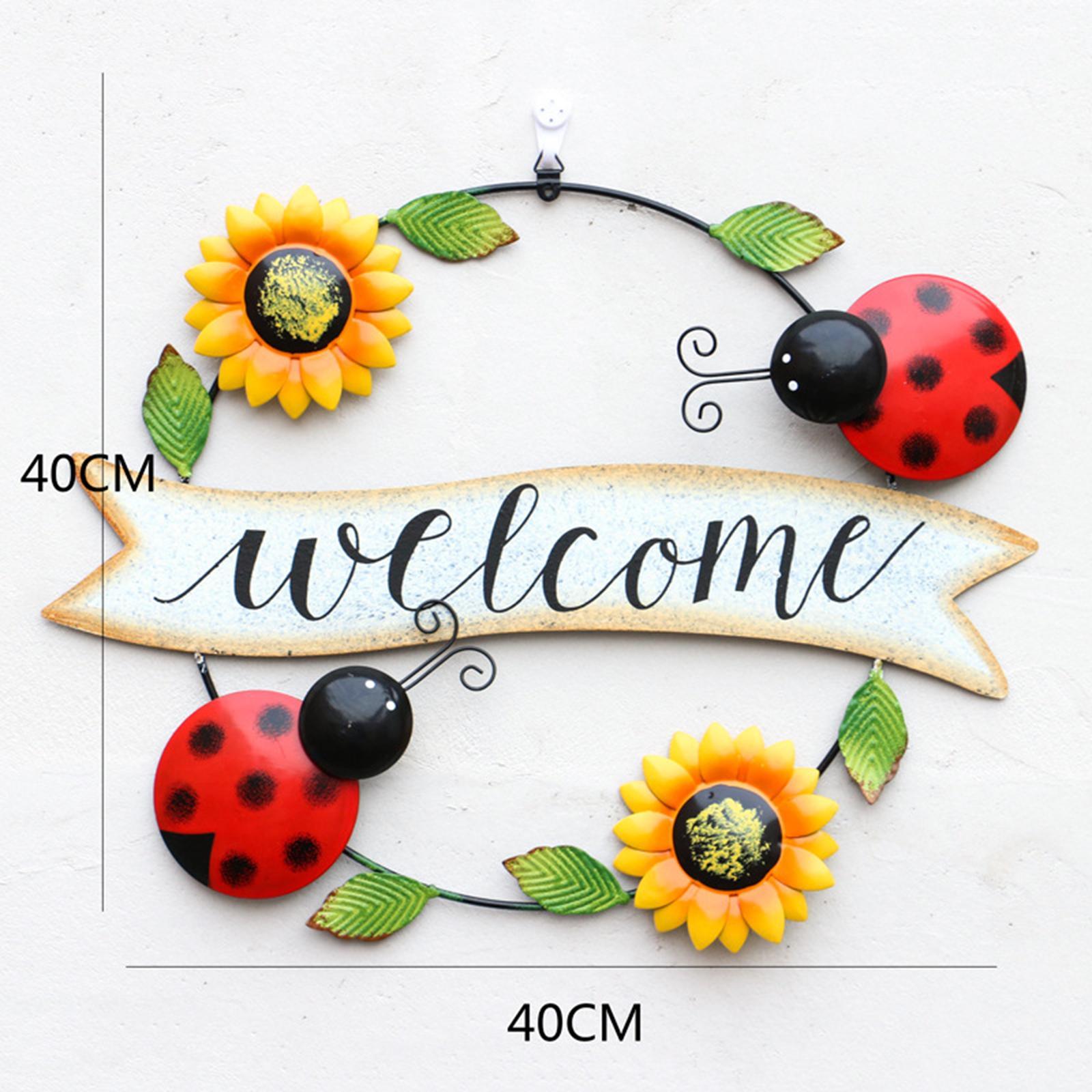 Iron Cast Welcome Sign Wall Garden Home Hanging Hoop Wreath Pendant Ladybug