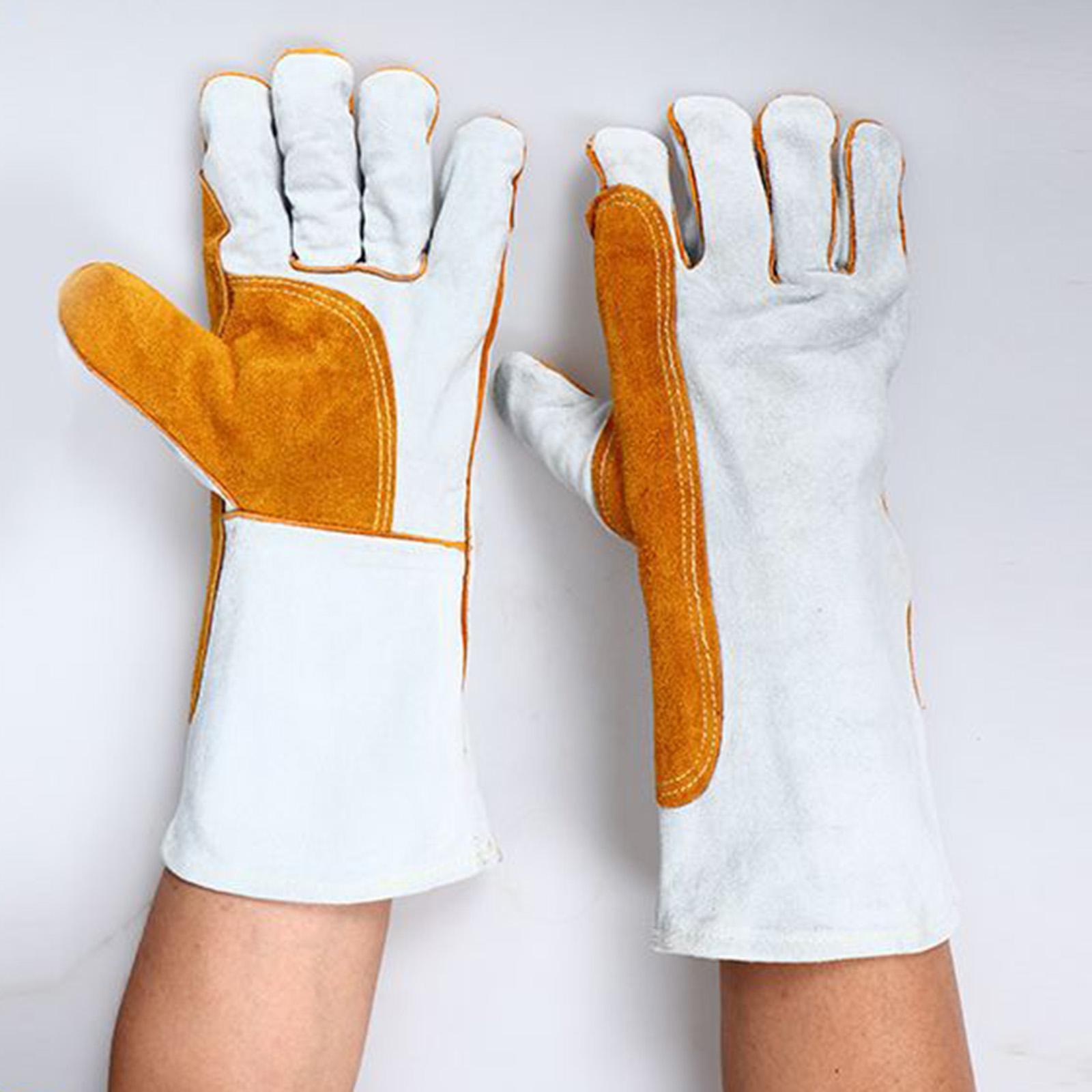 MIG Welding Gloves Cowhide Leather Wood Stoves Welder Cooking White Yellow