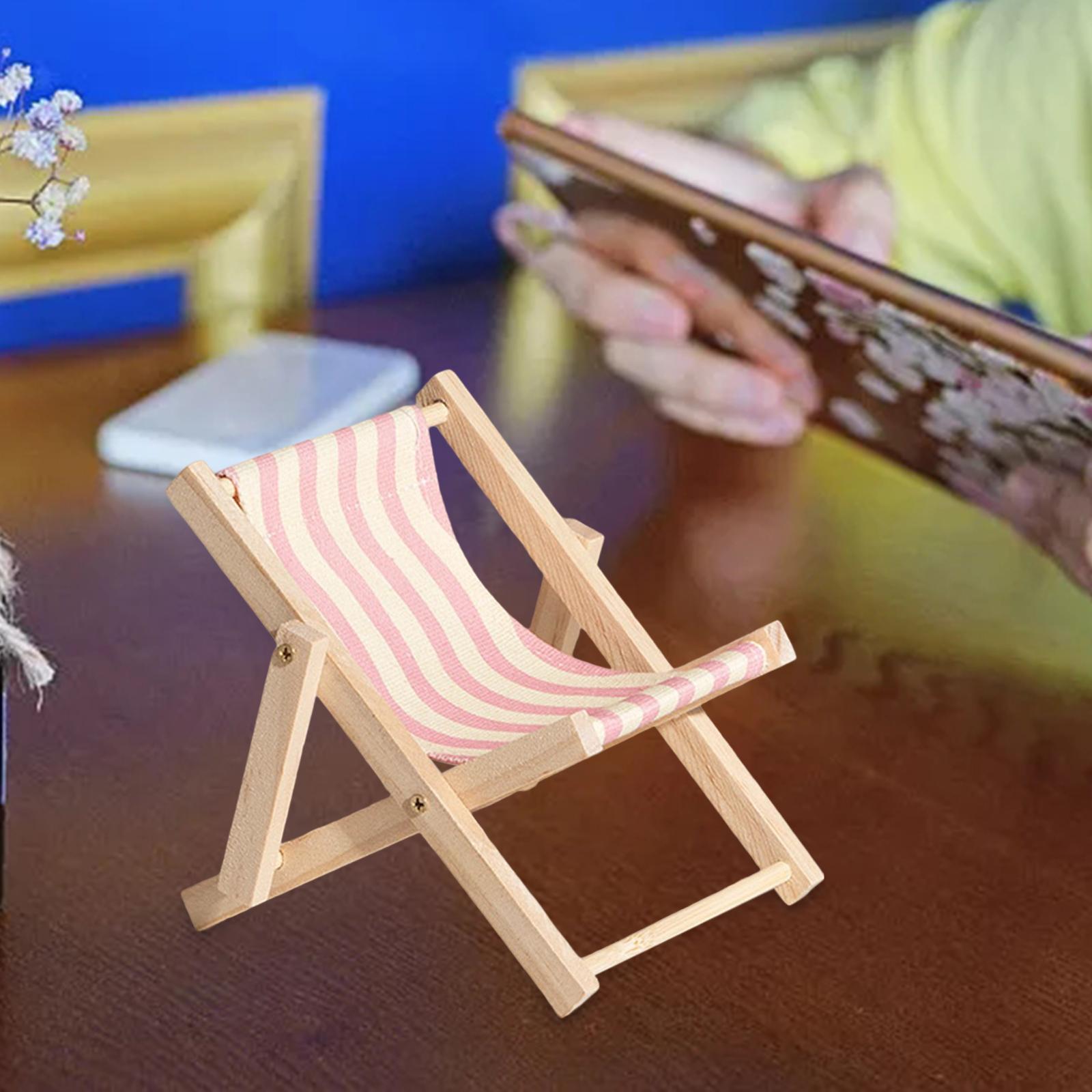 Creative Beach Chair Phone Holder Dollhouse Miniature Bedroom Wooden Bracket Pink Beige