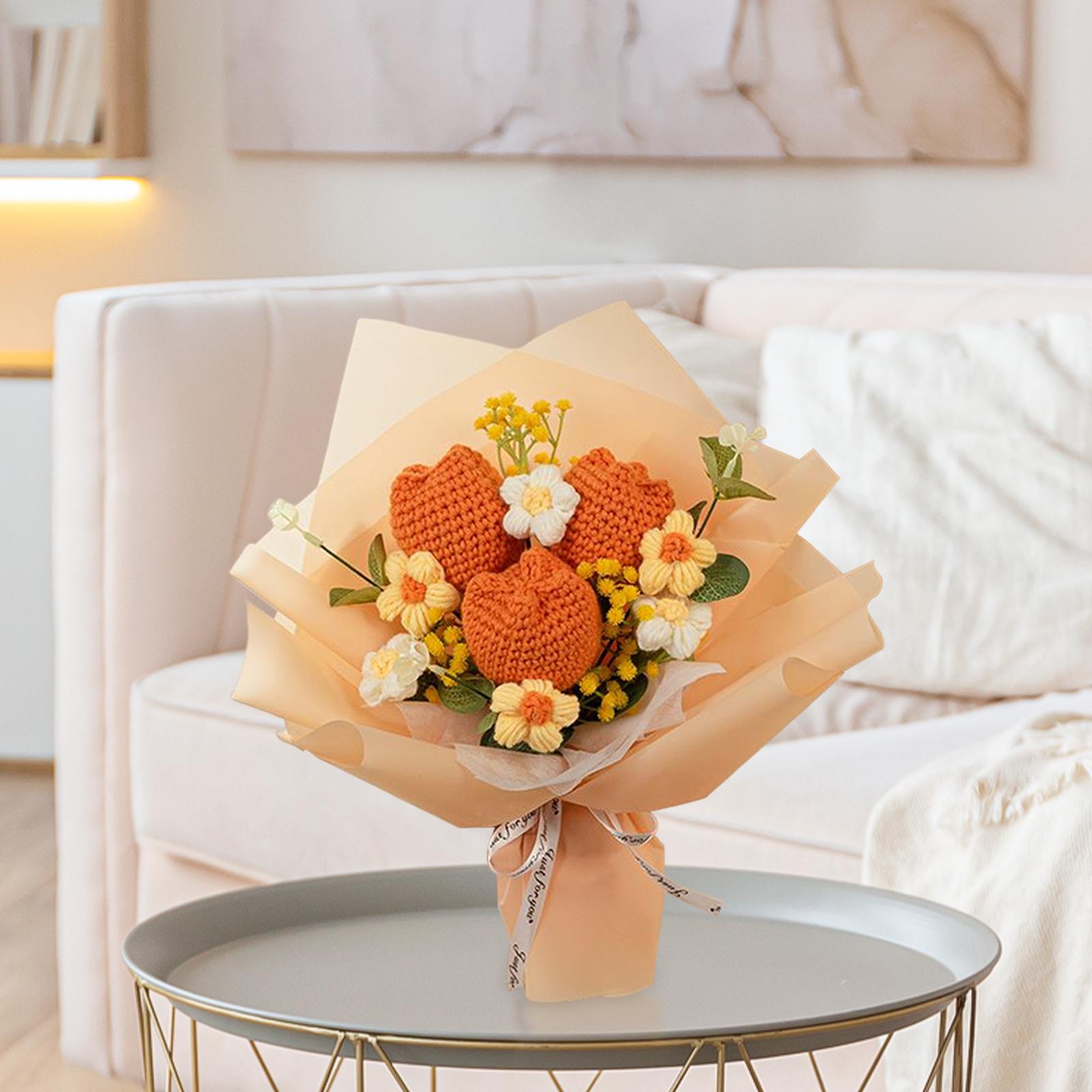 Crochet Flower Bouquet Tulips Artificial Flowers for Home Thanksgiving Party Orange