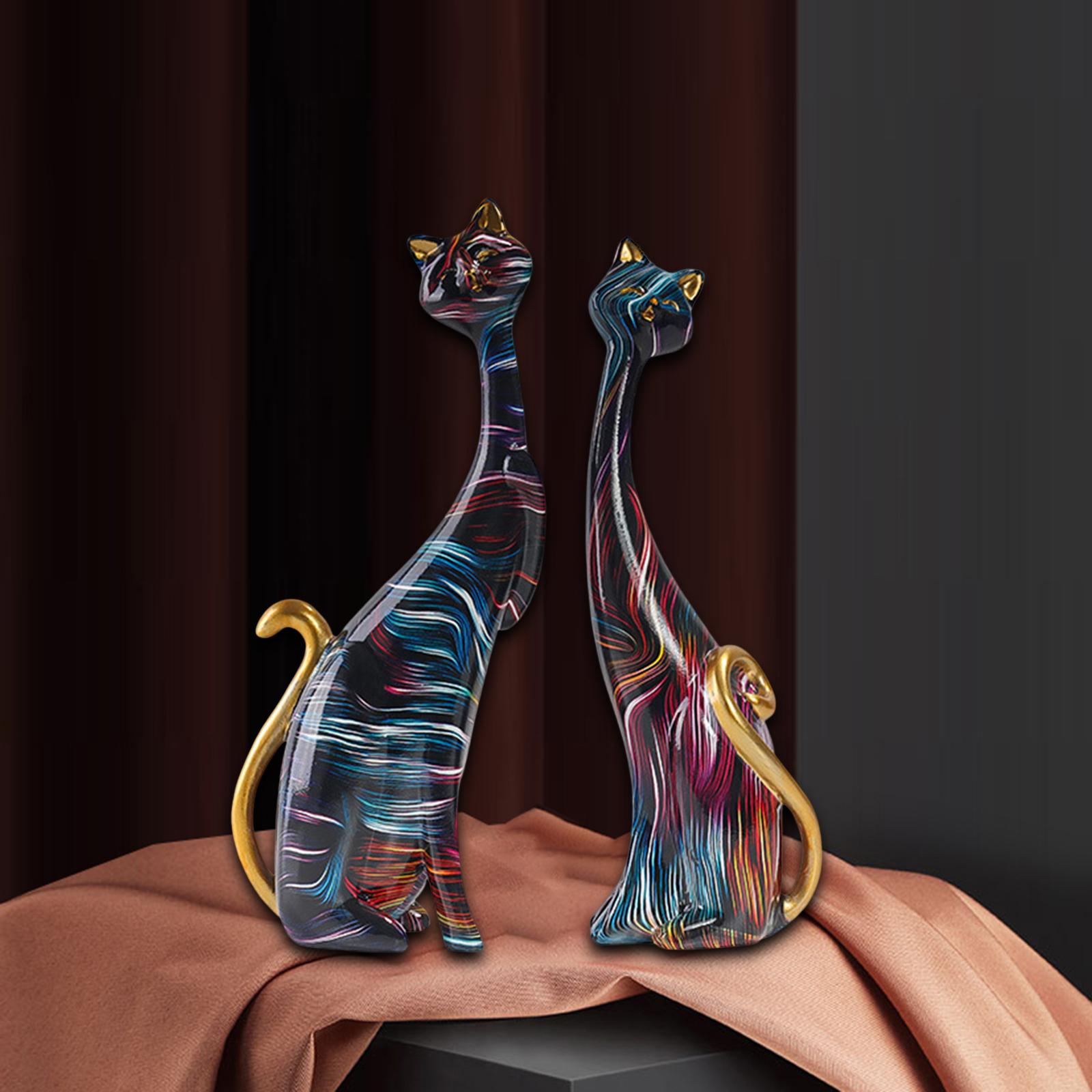 2 Pieces Cat Figurine Animal Statue Resin for Living Room Abstract Sculpture Style B