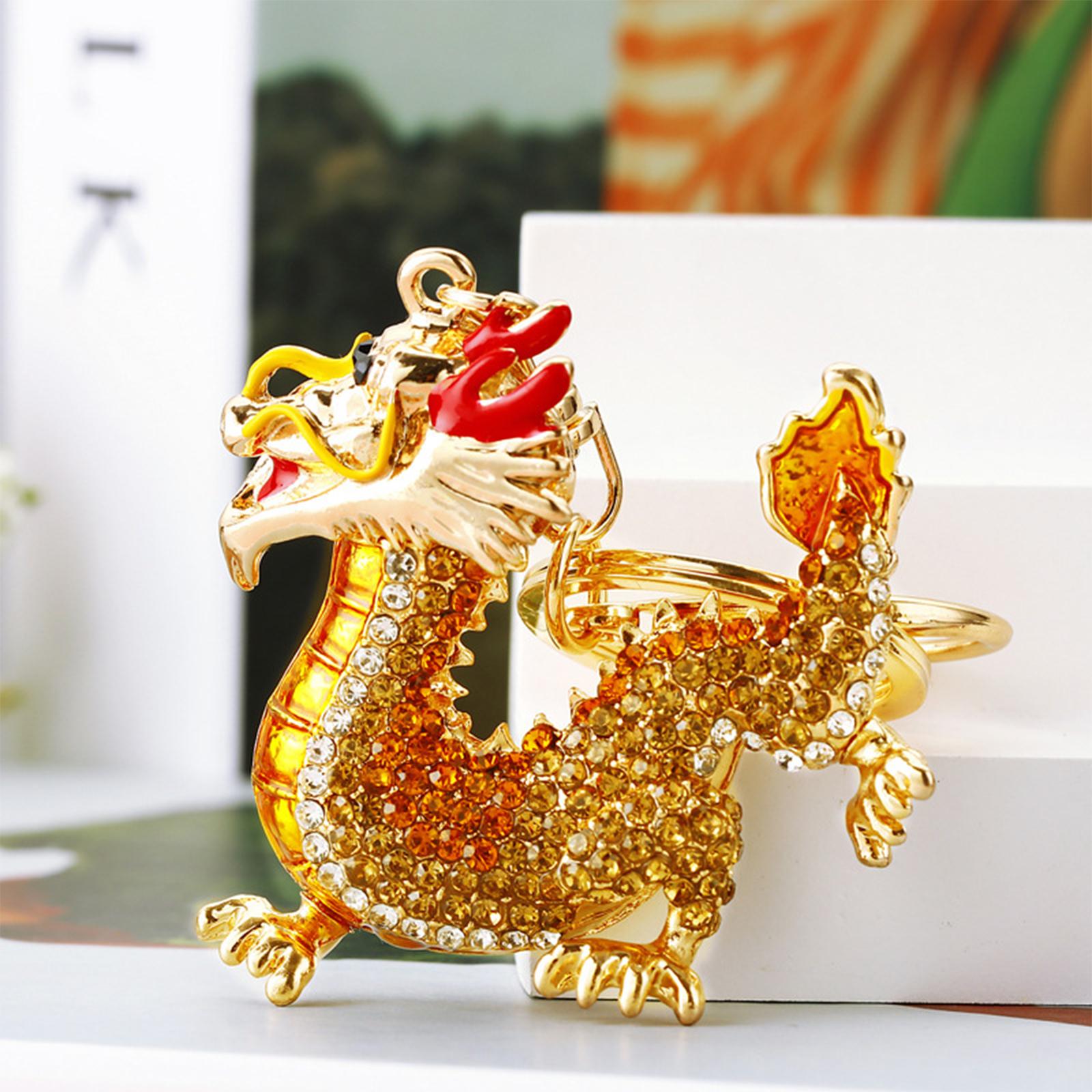 2xChinese Dragon Keychain Wallet Purse Phone Gift New Year Rhinestone Keychain Golden