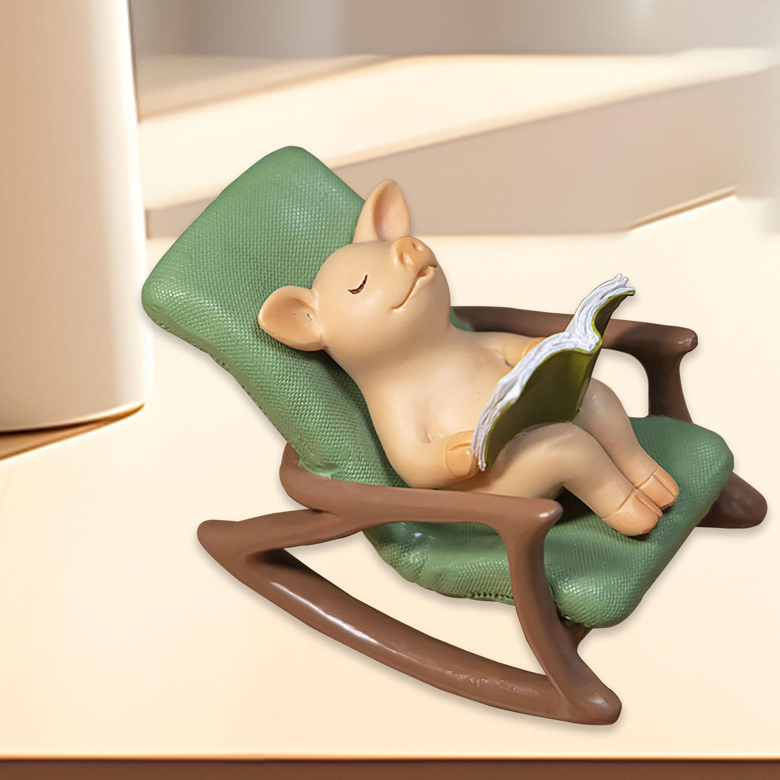 Leisurely Pig Sitting on Rocking Chair Statue Collection Miniature Sculpture Reading Book