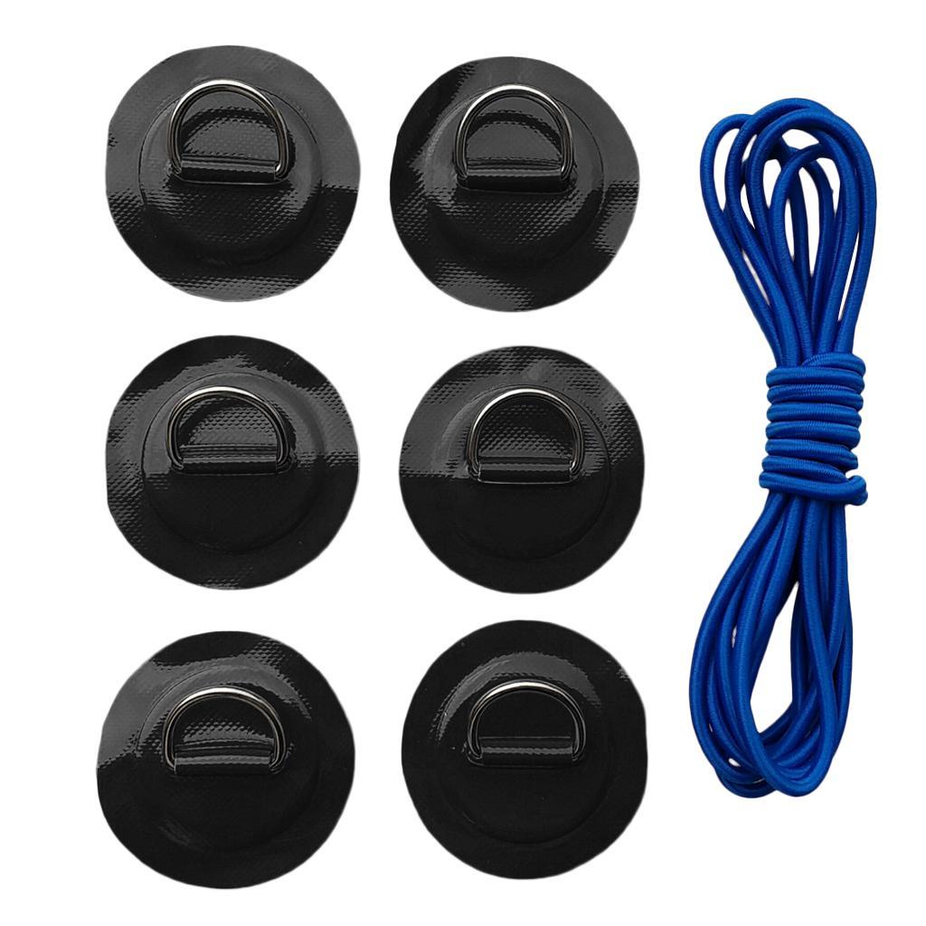 6 Pieces Inflatable Boat Kayak SUP D-ring Patch & Elastic Shock Cord Black