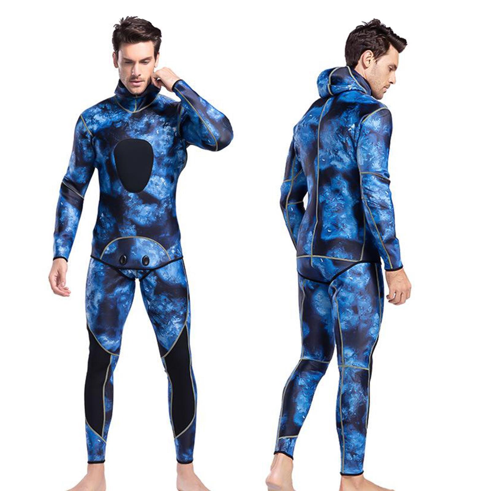 Stretchy Men Wetsuit Diving Suit Thermal Top Bib Pants Set Blue L