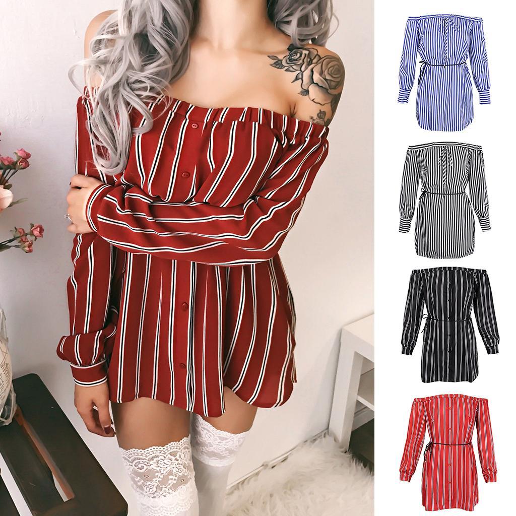 Women's Summer Off Shoulder Long Sleeve Stripe Loose Short Dress Red S