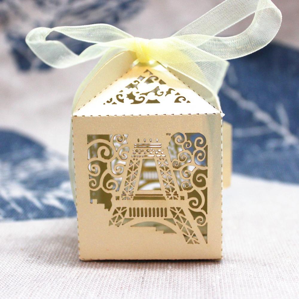 50pcs Laser Cut Eiffel Tower Wedding Candy Boxes Party Favor Gift Box Beige