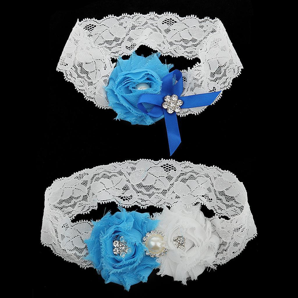 Elastic Lace Wedding Garter Blue Satin Bowknot Flower Pearl Sexy Bridal L