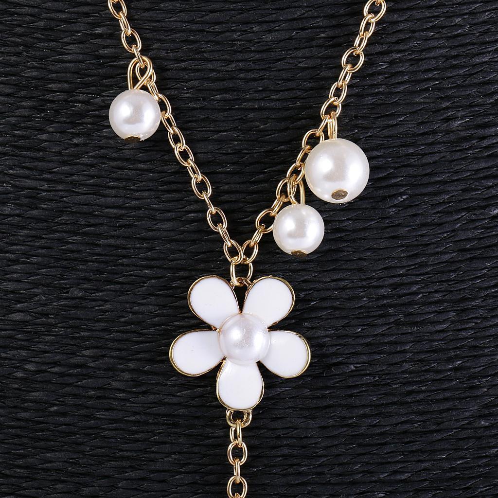 Fashion Five-petaled Flowers Faux Pearl Pendant Necklace Sweater Chain White