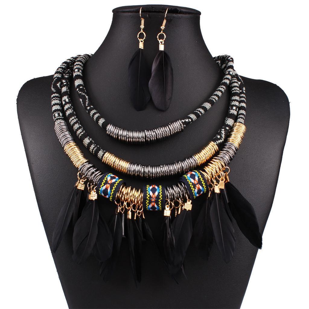 Bohemian Tribal Feather Tassel Bib Necklace Earring Jewelry Set Black 