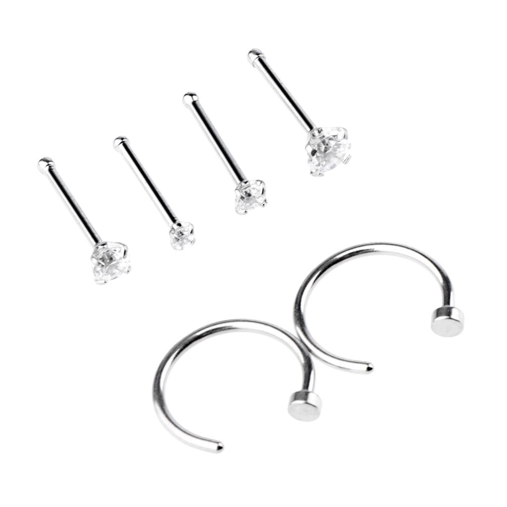 6 Pieces C-shape Ring Bar Zircon Rhinestone Ear Stud Nose Helix Lip Earrings Piercing 20 Gauge Body Jewelry Set