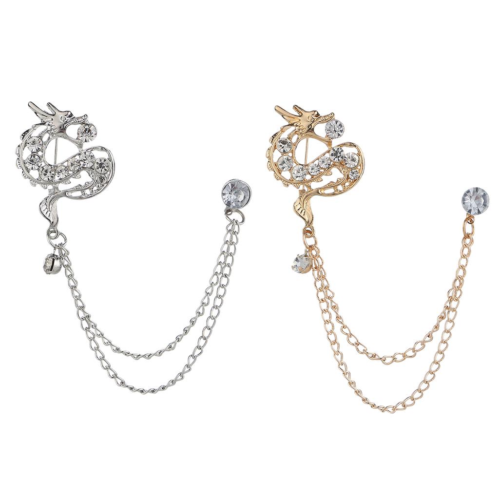 Men's Crystal Rhinestone Dragon Hanging Chain Brooch Pin Tassels Silver