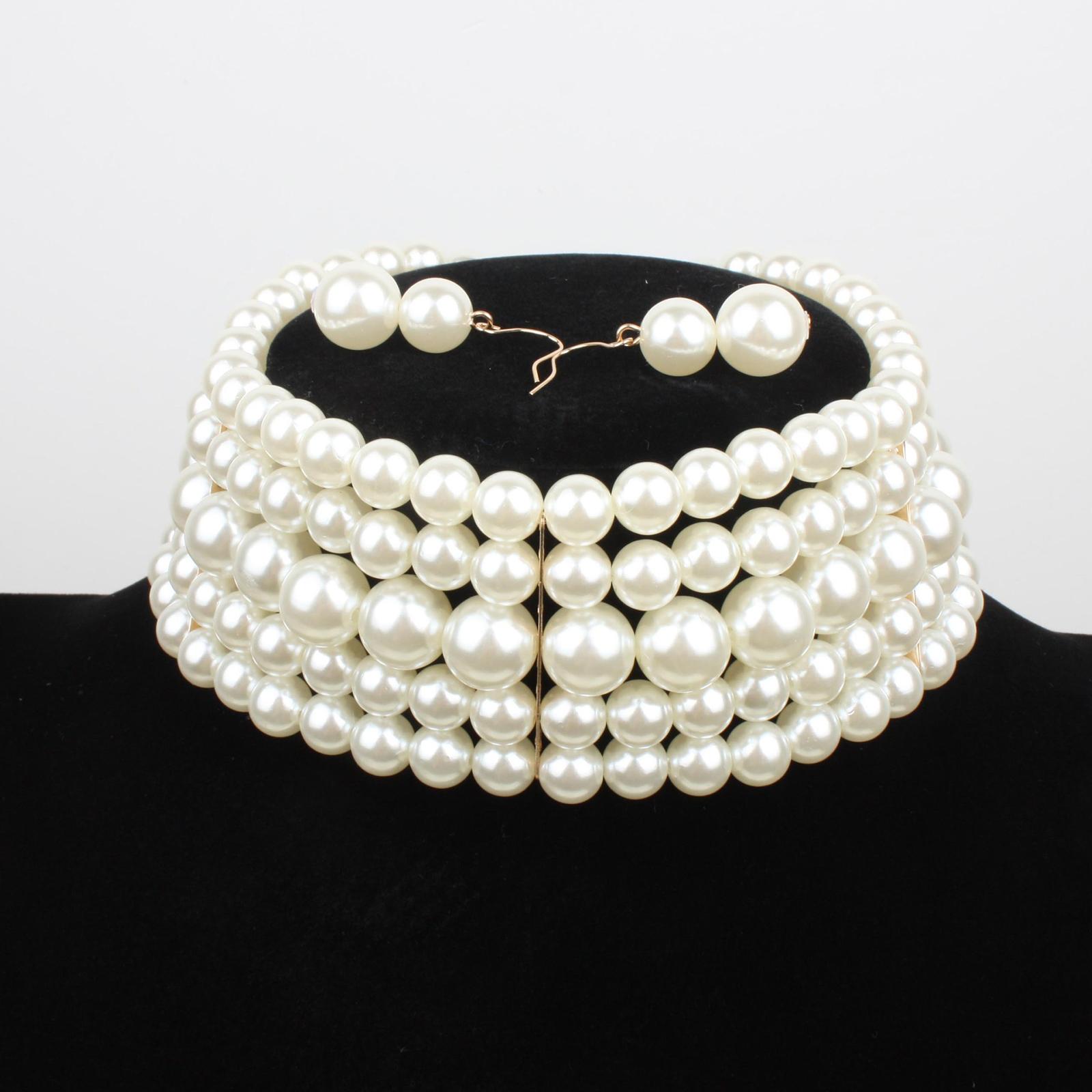 Pearl Choker Necklace and Earrings for Women Costume Jewelry Set White