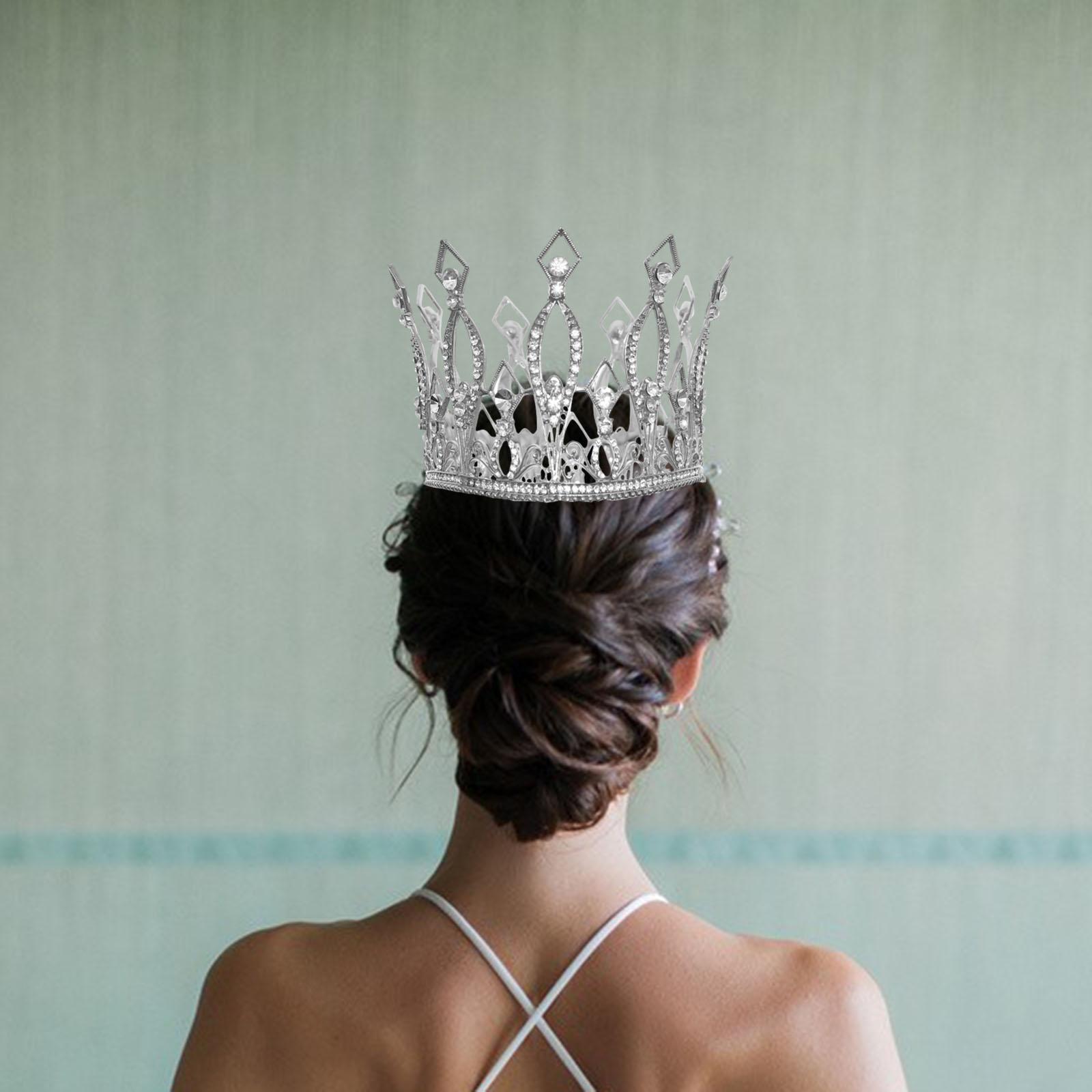 Full Round Crystal Queen Crowns Headband for Party Bridesmaids Costume Silver