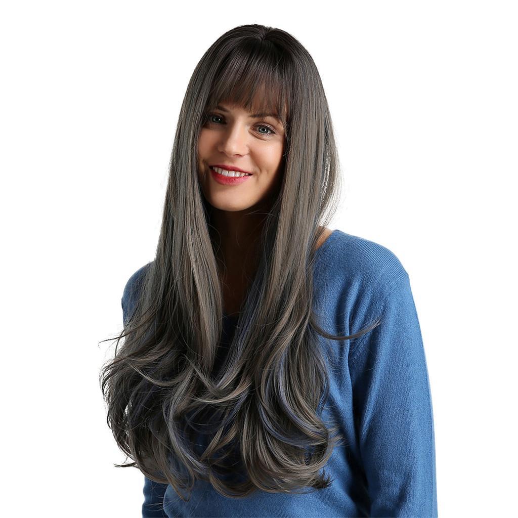 Black Ombre Dark Blue 26 inches Curly Wavy Heat Resistant Synthetic Hair Wigs for Women None Lace Front Hair Replacement Wigs