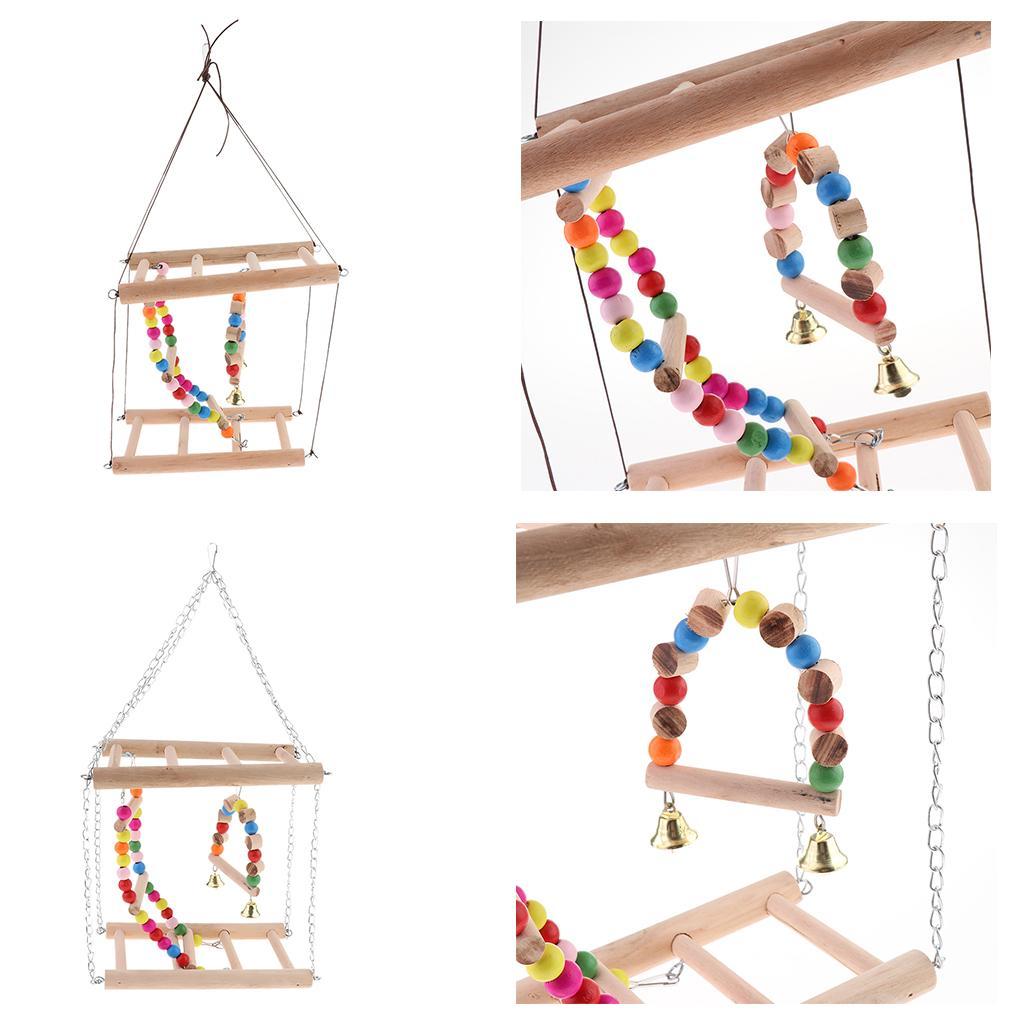 Bird Wooden Ladder Parrot Swing Cage Activity Toys with Bell  Rope