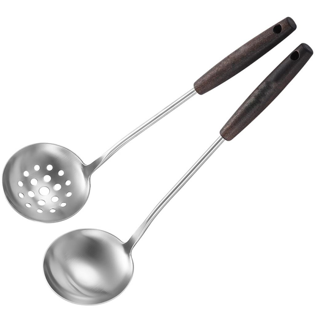 2 Pcs Stainless Steel Soup Ladle Colander Spoon Kitchen Utensil Cookware Set