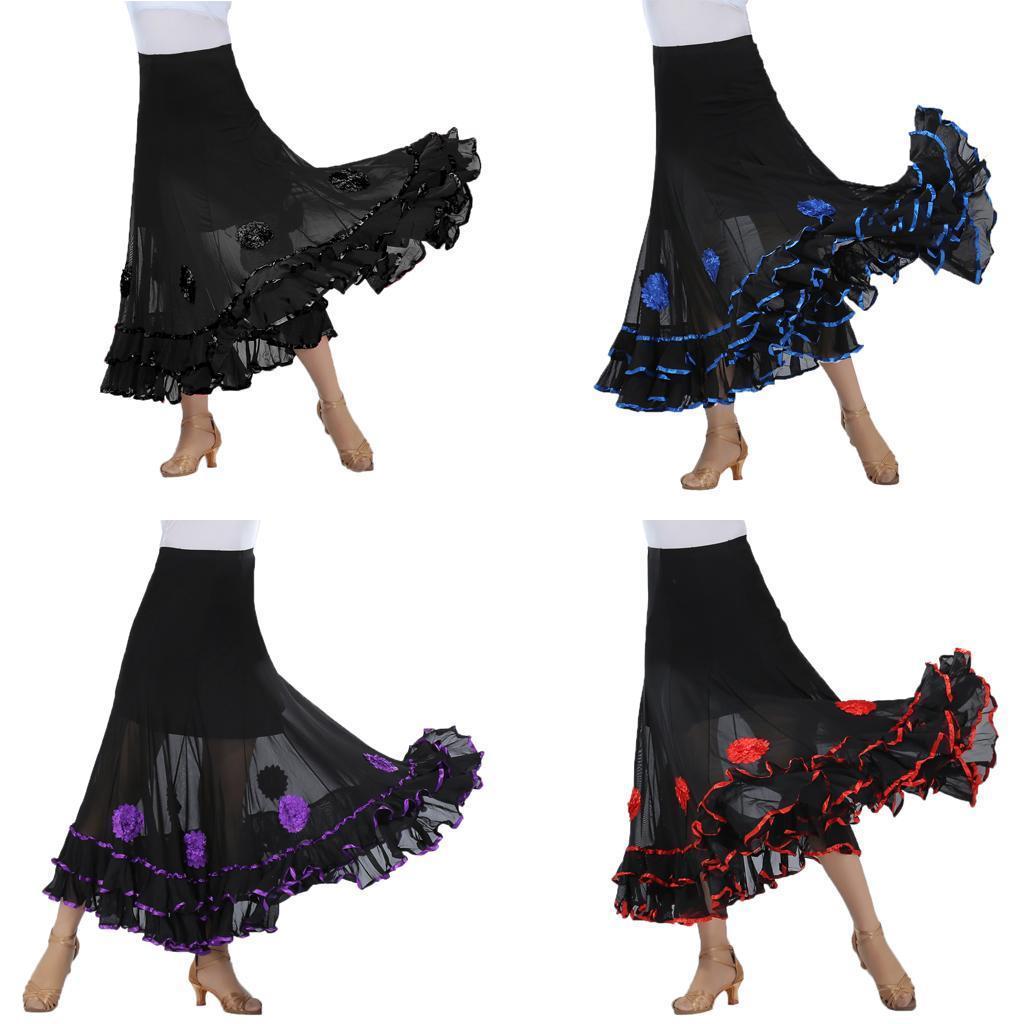 Flamenco Ballroom Dance Skirt Flower Full Swing Latin Skirt Waltz Costumes Black