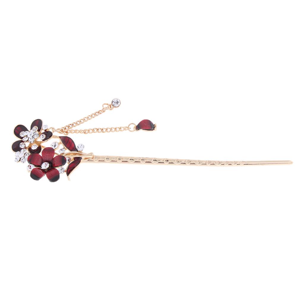 Chinese Hair Chopsticks Crystal Rhinestone Flower Hair Stick Pins Red