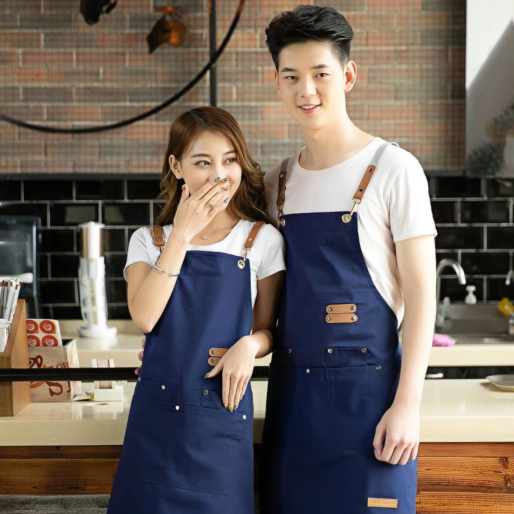 Unisex Canvas Apron with Pockets Cafe Kitchen Cooking Painting Apron Bib Blue