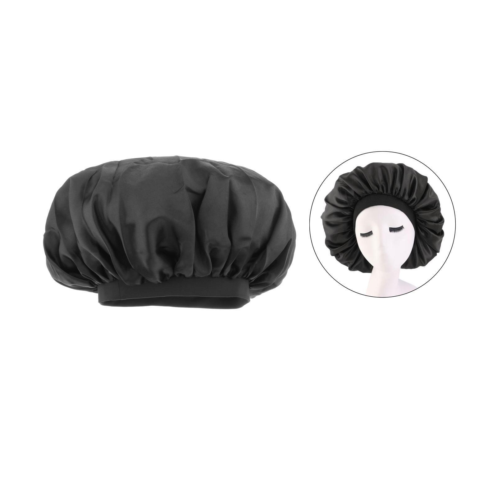 Satin Women Sleep Cap Night Wrap Elastic Sleeping Bonnet Black