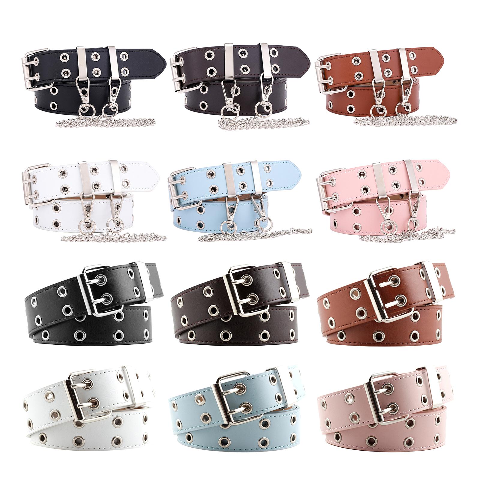 Women Punk Belt Double Grommet Leather Jeans Waist Strap Black with Chain